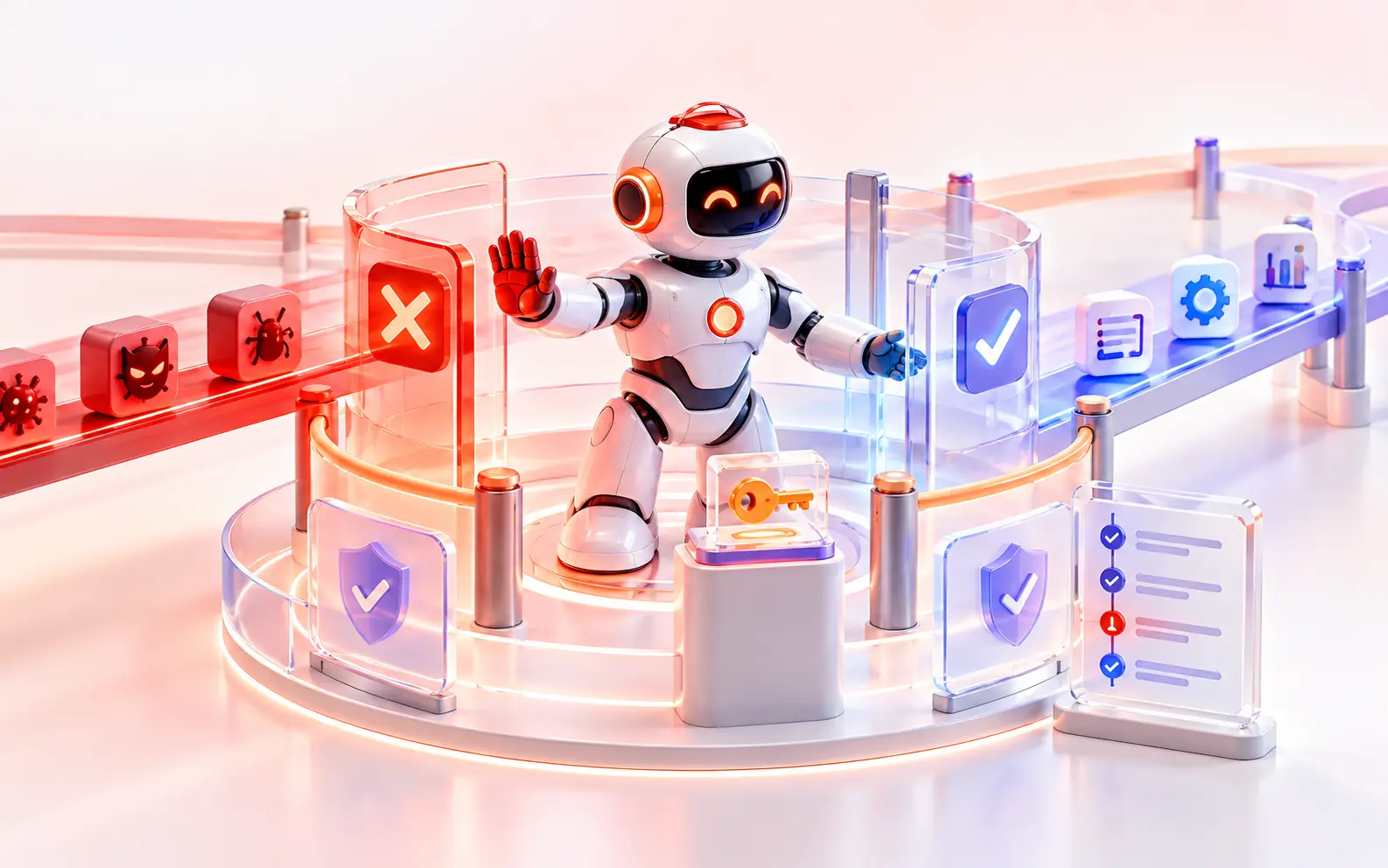 An orange AI agent operating inside visible translucent safety rails