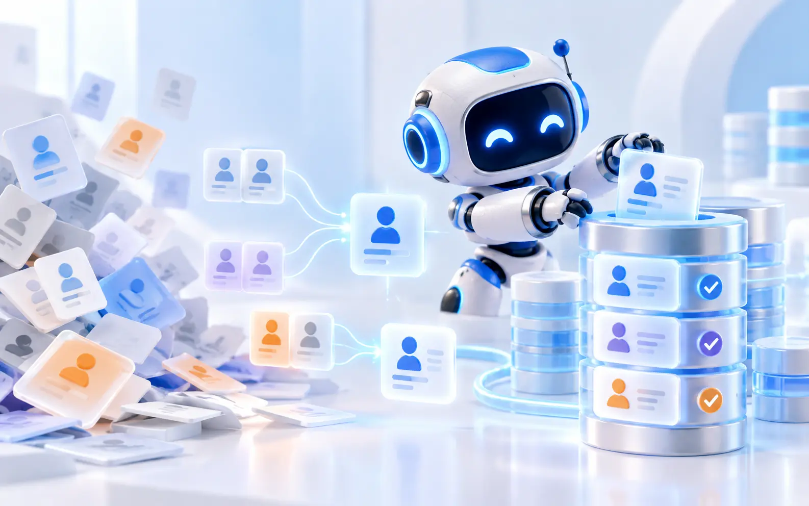 A blue AI agent arranging messy contact cards into a clean CRM database
