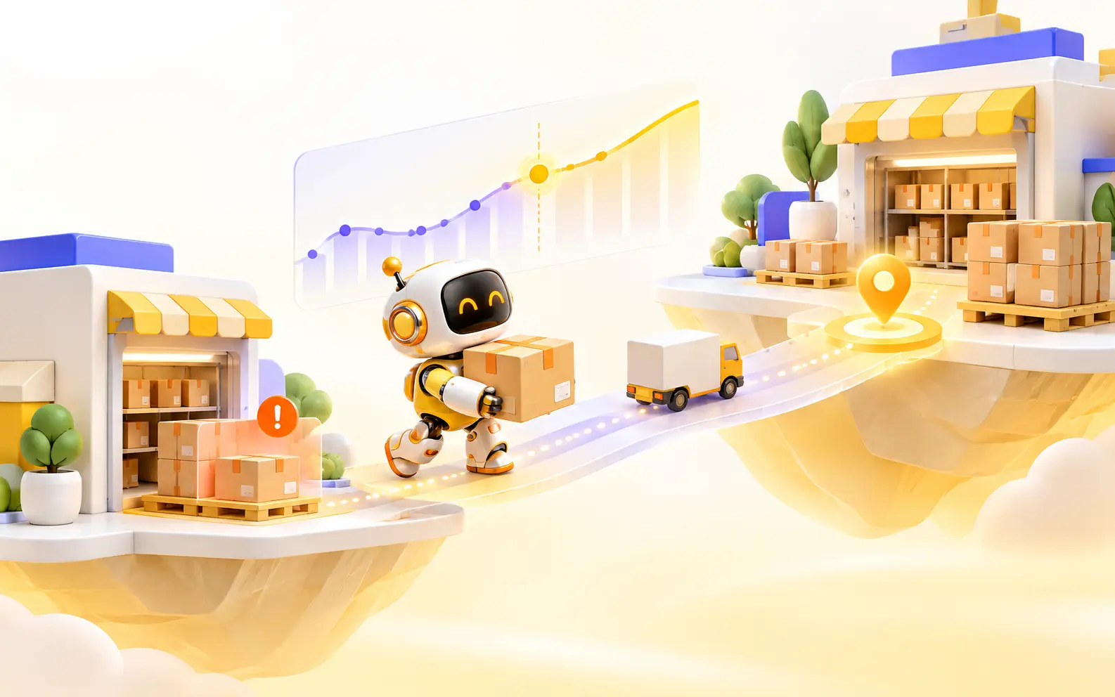 A yellow AI inventory agent coordinating stock between two store locations