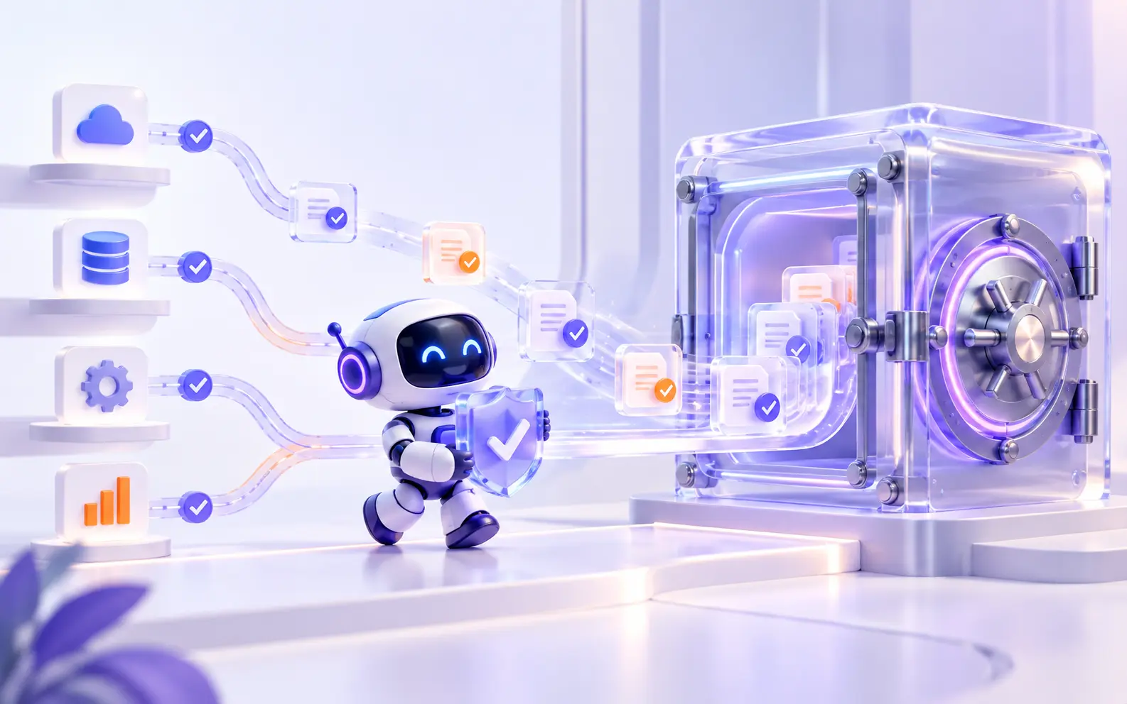 A violet AI compliance agent gathering evidence tiles into a secure vault